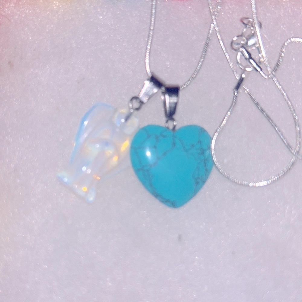 Boho Opal Crystal Angel & Turquoise Heart Sterling Silver Necklace 16”